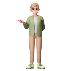 Woman with well-dressed Pointing to Left Side with left Hand, 3D Character Render Illustration