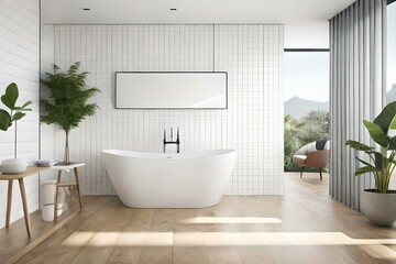 Fototapeta na wymiar A beautiful canvas frame 3D mockup in modern living room, bed room, kitchen, bathroom interior, Created with AI