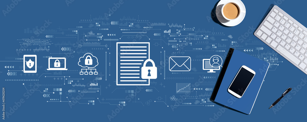 Poster data protection concept with a computer keyboard and office items