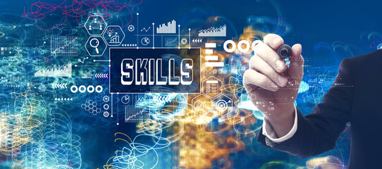 Skills theme with businessman in a bokeh neon light trails city night background