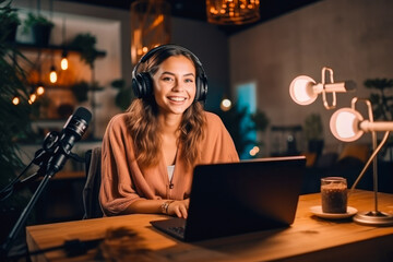 Young female influencer recording a video for social media, capturing her lifestyle and setting the latest trends. Female content creator, generative ai