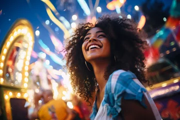 Fotobehang Young girl experiencing wonder and joy at a summer amusement park, captivated by the bright lights and thrilling rides during her fun-filled vacation, generative ai © MVProductions