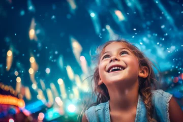 Photo sur Plexiglas Parc dattractions Young girl experiencing wonder and joy at a summer amusement park, captivated by the bright lights and thrilling rides during her fun-filled vacation, generative ai