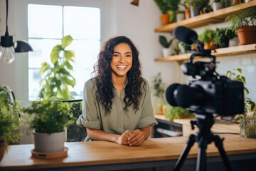 Young female influencer recording a video for social media, capturing her lifestyle and setting the latest trends. Female content creator, generative ai - obrazy, fototapety, plakaty