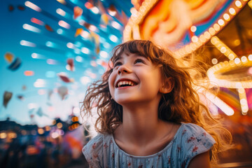 Young girl experiencing wonder and joy at a summer amusement park, captivated by the bright lights and thrilling rides during her fun-filled vacation, generative ai