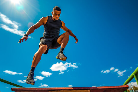 Young man jumping over obstacles on an athletics track, sunny day, generative ai