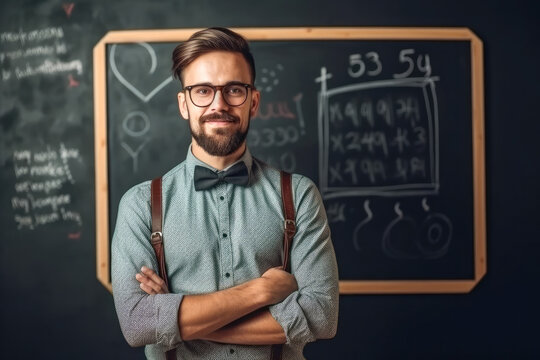 Young male teacher with bowtie standing in front of blackboard in classroom, generative ai