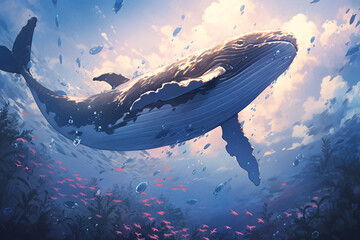 Fantasy dolphin illustration, whale hand-painted, healing system