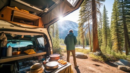 Fototapeta na wymiar camper cooking a meal in the wilderness of Yosemite National Park generative ai