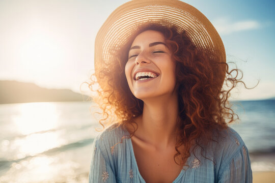 Blissful smiling woman on a beach vacation, smiling broadly with joy, enjoying her long awaited holidaysBlissful smiling woman on a beach vacation, smiling broadly with joy, generative ai