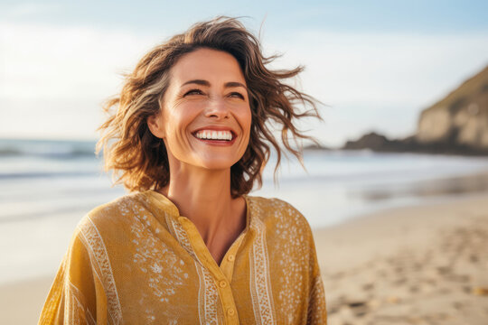 Blissful smiling woman on a beach vacation, smiling broadly with joy, enjoying her long awaited holidaysBlissful smiling woman on a beach vacation, smiling broadly with joy, generative ai
