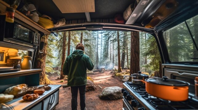 camper cooking a meal in the wilderness of Yosemite National Park generative ai