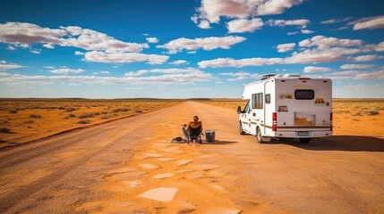 camper in the vast landscapes of the Australian Outback generative ai