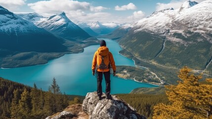 hiker overlooking the stunning fjords of Norway generative ai - obrazy, fototapety, plakaty
