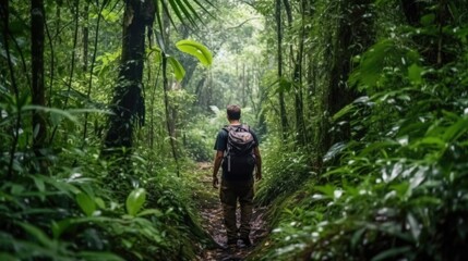 Naklejka na ściany i meble man hiking in the Amazon Rainforest generative ai