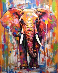 Fototapeta na wymiar Elephant form and spirit through an abstract lens. dynamic and expressive Elephant print by using bold brushstrokes, splatters, and drips of paint. Elephant raw power and untamed energy