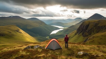 person camping in the magical landscapes of the Scottish Highlands generative ai