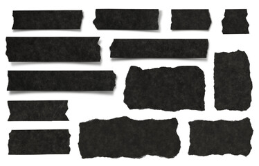 set / collection of black ripped textured paper strips, scraps and tape isolated over a transparent background, ideal for text and messages, cut-out vintage collage design elements, highly detailed