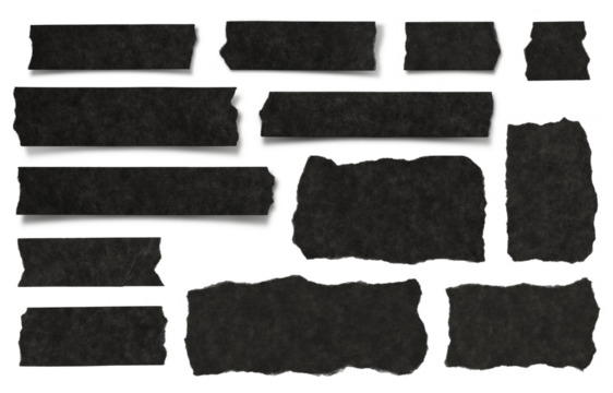 set / collection of black ripped textured paper strips, scraps and tape isolated over a transparent background, ideal for text and messages, cut-out vintage collage design elements, highly detailed