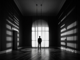 Fototapeta na wymiar black and white picture of a silhouette in the empty room generative AI
