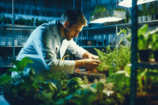 Botanist inspecting plants in a lab using genetic engineering and hydroponics, Generative AI