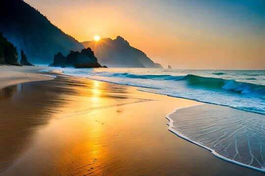 sunset at sea  with waves of water at beach generated by AI tool