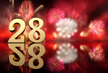The number "28" on one side of the screen, in gold, in the form of 3D, on a mirror-like table that reflects very out of focus and in the background out-of-focus fireworks in white and red colors