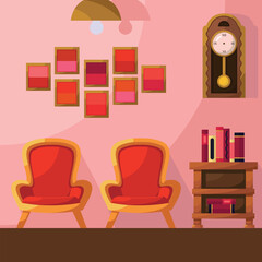 Room Interior Vector, Vintage Interior Flat Design with Red Color