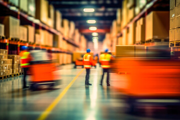Blurred photo of warehouse employees in action, moving shipment boxes with high speed, showcasing the dynamics of international trade logistics, generative ai