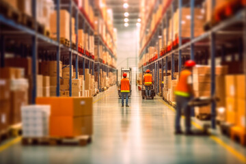Fototapeta premium Blurred photo of warehouse employees in action, moving shipment boxes with high speed, showcasing the dynamics of international trade logistics, generative ai
