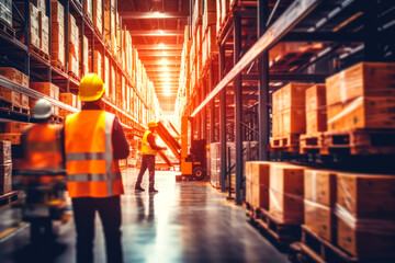 Blurred photo of warehouse employees in action, moving shipment boxes with high speed, showcasing the dynamics of international trade logistics, generative ai - obrazy, fototapety, plakaty