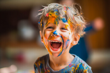 Candid image of a young smiling boy, engaged in painting with paint on his face and hands. Young creative hands, generative ai - obrazy, fototapety, plakaty