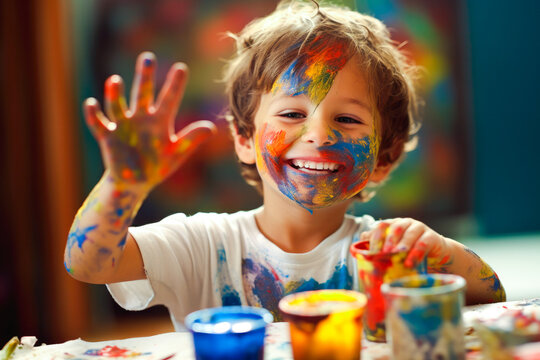 Candid image of a young smiling boy, engaged in painting with paint on his face and hands. Young creative hands, generative ai