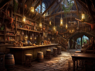 Fototapeta na wymiar fantasy style tavern, insane detail AI generative photo