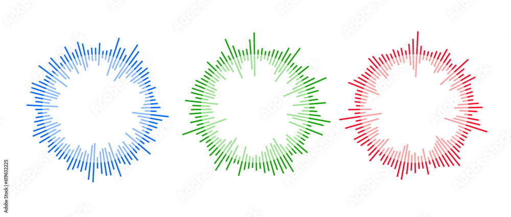 Poster Radial sound waves collection. Round music equalizer bar set. Blue, red and green audio chart pack. Abstract circle radio and voice signal symbol for podcast, app, player. Vector element bundle