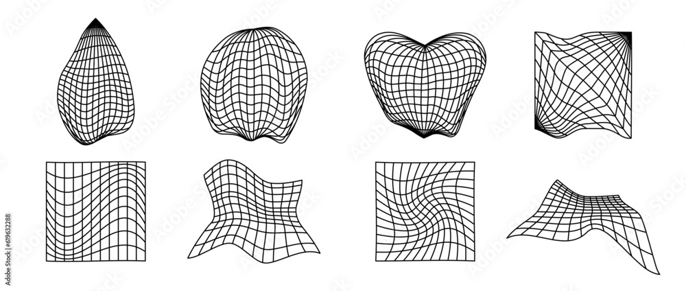 Poster Distorted wireframe forms set. Different geometric surface grid shapes. Warped perspective planes and objects pack. Vector cube, sphere, heart, drop element bundle for poster, flyer, collage, template