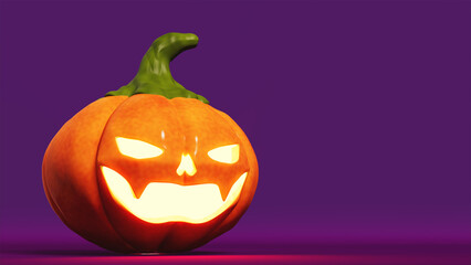 Pumpkin with internal light on dark purple stage, holiday theme, 3d illustration