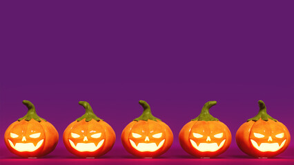 Row of halloween pumpkins with light inside on dark stage, Halloween and entertainment theme