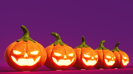 3d illustration of Halloween pumpkins with internal light in dark environment, celebration and fun