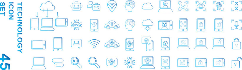 グラデーションのテクノロジーや生体認証、スマートフォンやセキュリティーやアプリやワイファイに関するラインアイコンセット