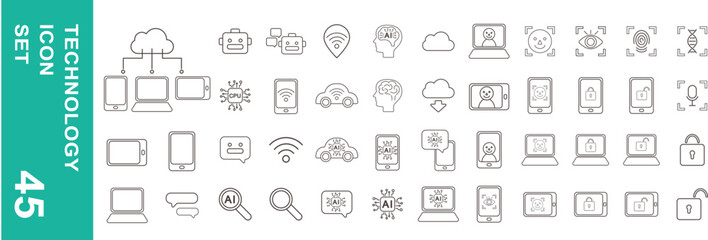 テクノロジーや生体認証、スマートフォンやセキュリティーやアプリやワイファイに関するラインアイコンセット