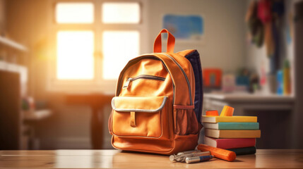 Orange backpack with school supplies on table. Back to school concept. 