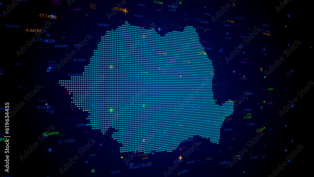 Poster futuristic blue colorful shiny digital technology hud dots mosaic grid romania map perspective view 