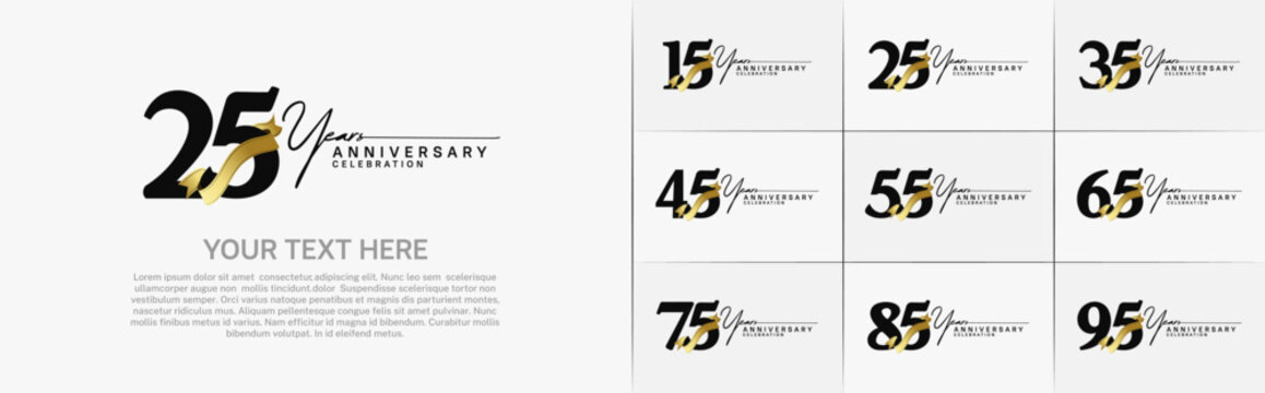 set of anniversary logo with black number and golden ribbon can be use for celebration