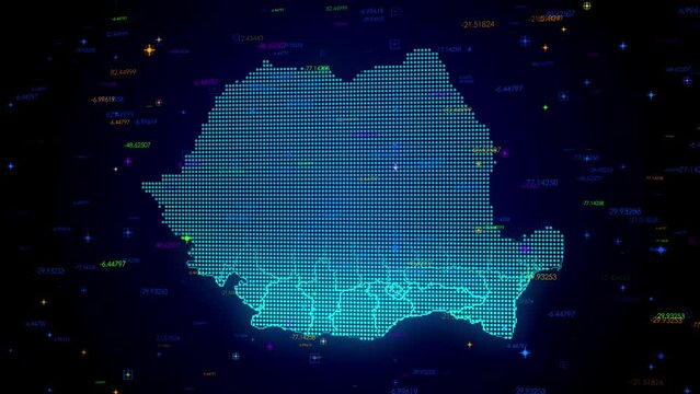 Futuristic Motion View Blue Colorful Shiny Digital Technology Hud Dots Mosaic Grid Romania Map Separate Regions Light Scanning With Numeric Tech Particles, Seamless Loop