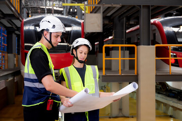 Young caucasian engineer man and woman or worker looking blueprint and checking electric train for planning maintenance in station, transport and infrastructure, inspector check service transport.