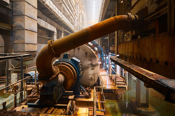 Ball mill grinds ore at mining and concentrating plant