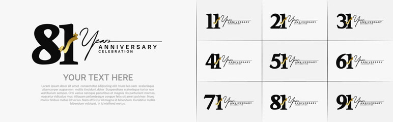 set of anniversary logo with black number and golden ribbon can be use for celebration