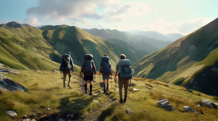  Group of hikers walks in mountains at early morning 