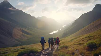 Obraz premium Group of hikers walks in mountains at early morning 